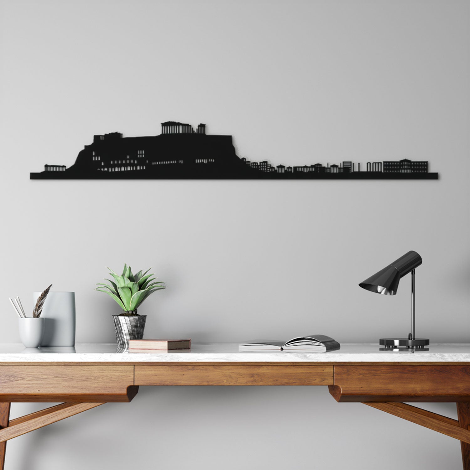 Athens Skyline laser-cut in Matte Black reclycled acrylic on Seating Room's Wall