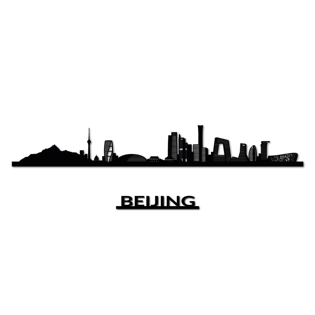 Beijing skyline, laser-cut in matte black recycled acrylic, with the city's name lettering below it, on a white background