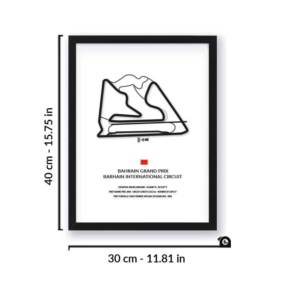 Bahrain Grand Prix wall art by Siluet light theme print with black frame on a white wall background with measurement details