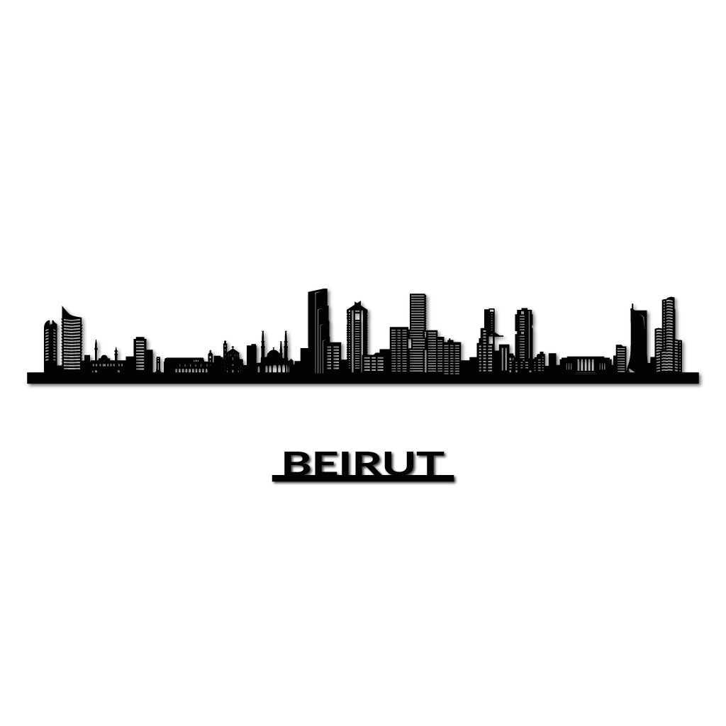 Beirut skyline, laser-cut in matte black recycled acrylic, with the city's name lettering below it, on a white background