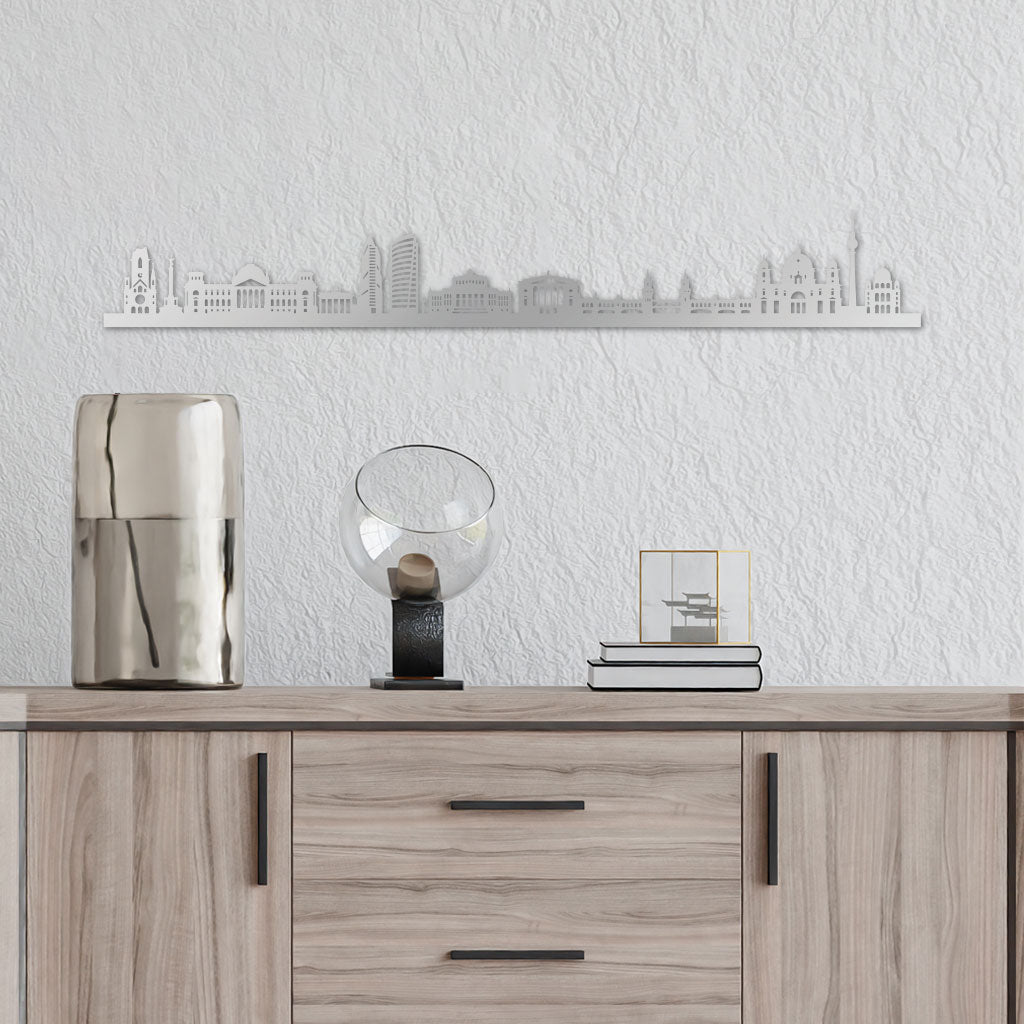 Berlin Skyline laser-cut in Silver reclycled acrylic on Seating Room's Wall