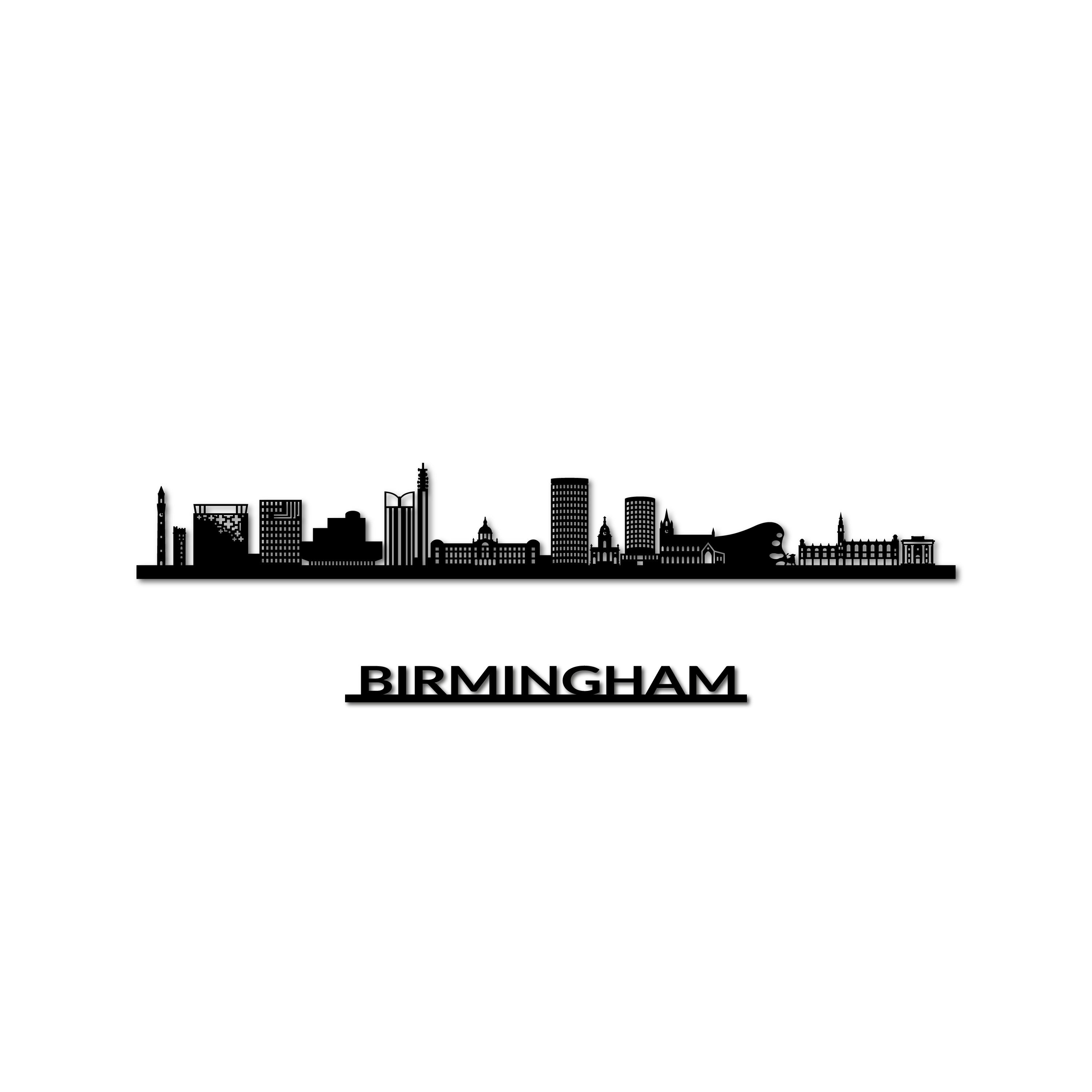 Birmingham Skyline, Laser-cut in Matte Black Acrylic, with the City's Name Lettering Bellow, on a White Background