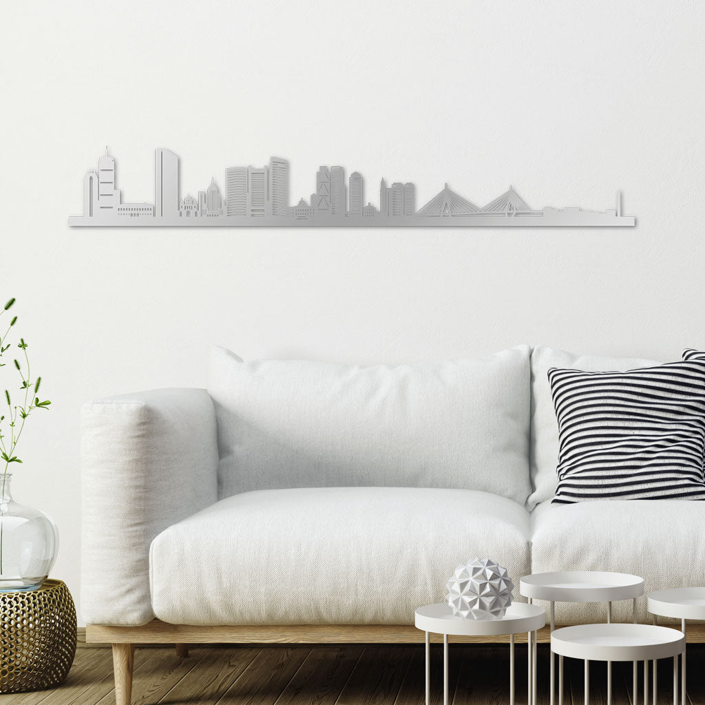Boston Skyline laser-cut in Silver reclycled acrylic on Seating Room's Wall