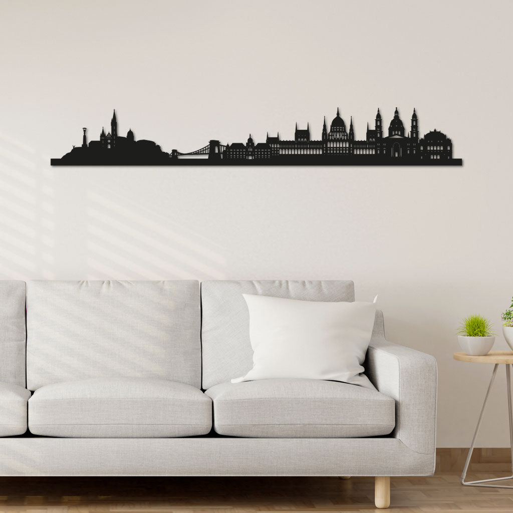 Budapest Skyline laser-cut in Matte Black reclycled acrylic on Seating Room's Wall