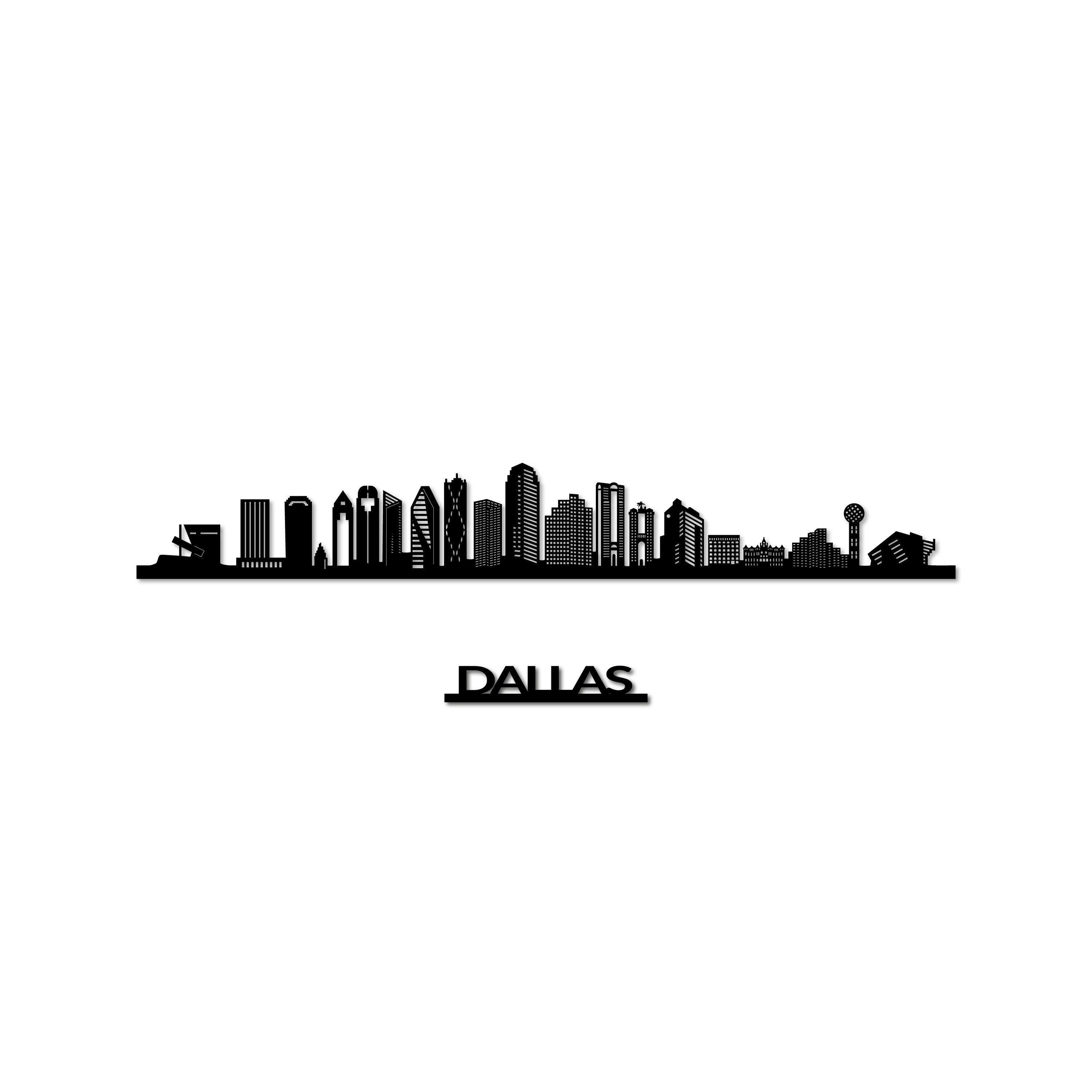 Dallas Skyline, Laser-cut in Matte Black Acrylic, with the City's Name Lettering Bellow, on a White Background