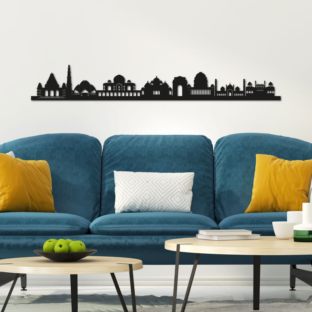 Delhi Skyline laser-cut in Matte Black reclycled acrylic on Seating Room's Wall