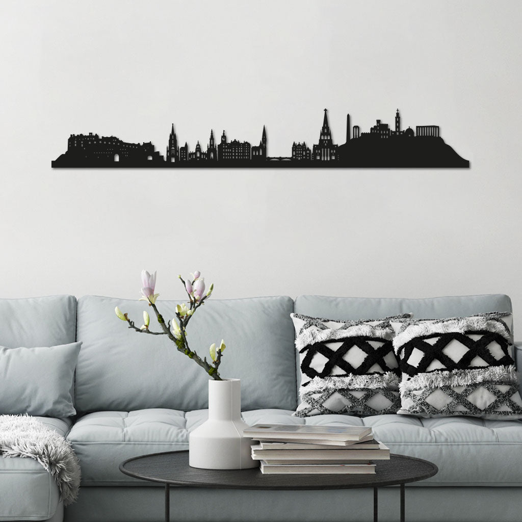 Edinburgh Skyline laser-cut in Matte Black reclycled acrylic on Seating Room's Wall