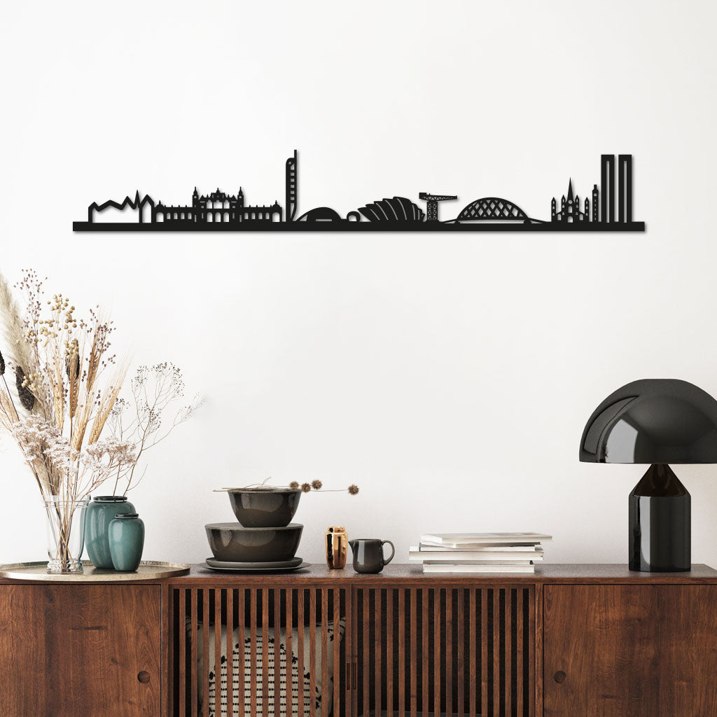 Glasgow Skyline laser-cut in Matte Black reclycled acrylic on Seating Room's Wall