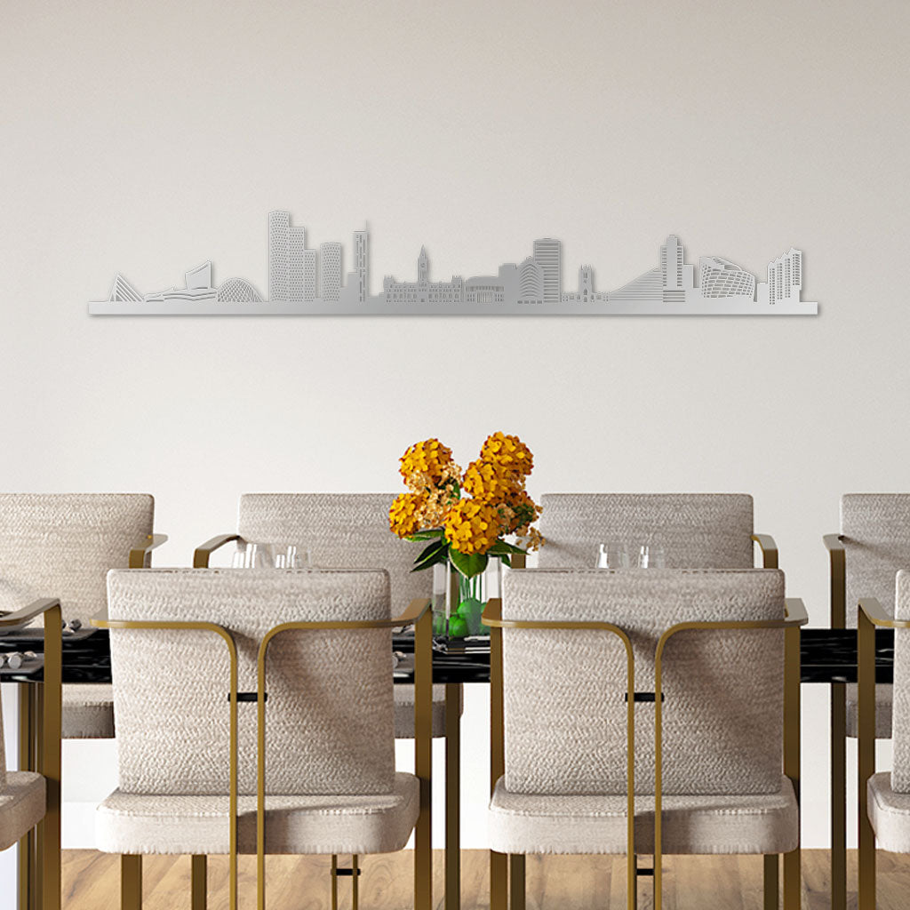 Manchester Skyline laser-cut in Silver reclycled acrylic on Seating Room's Wall