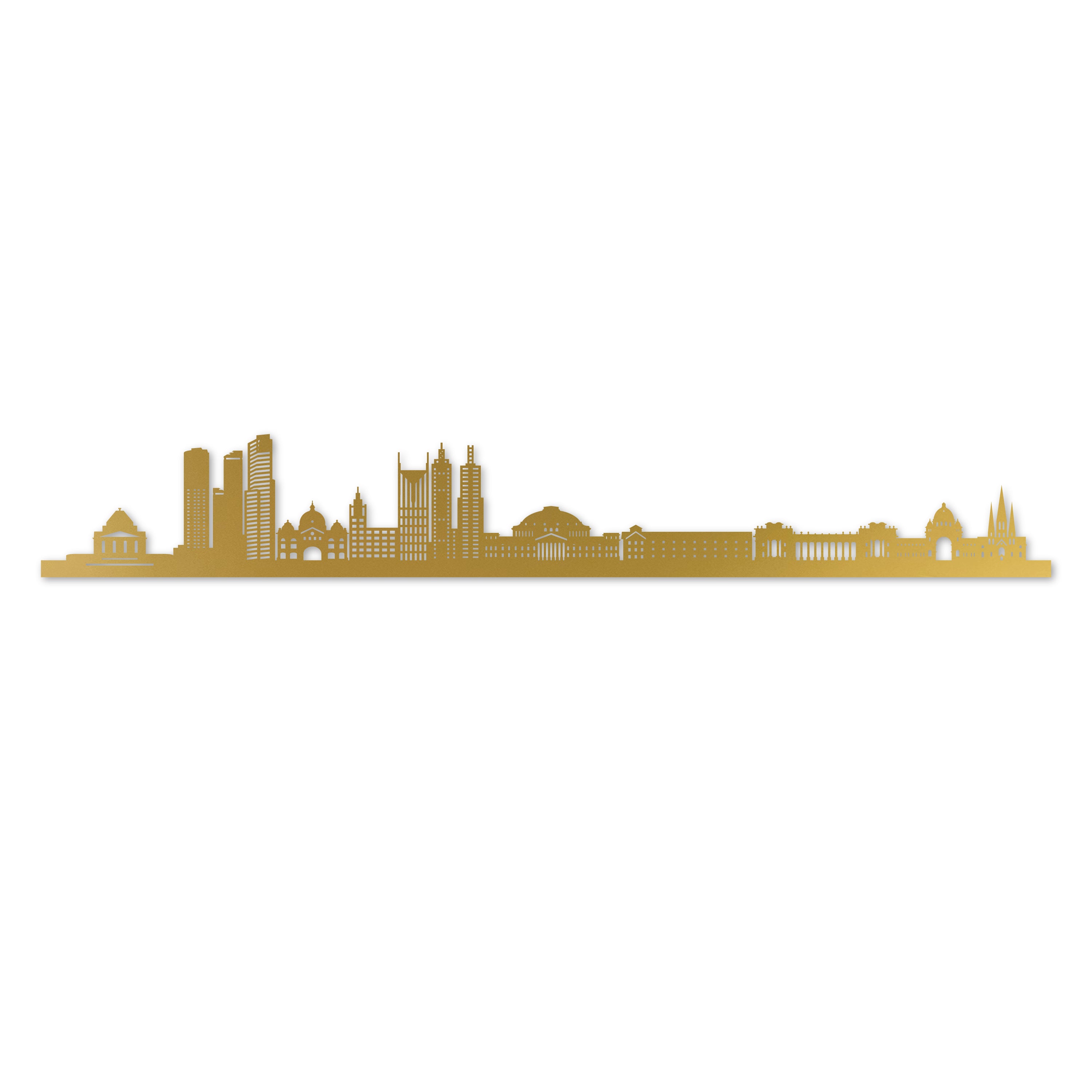 Melbourne Skyline, Laser-cut in Gold Acrylic, on a White Background