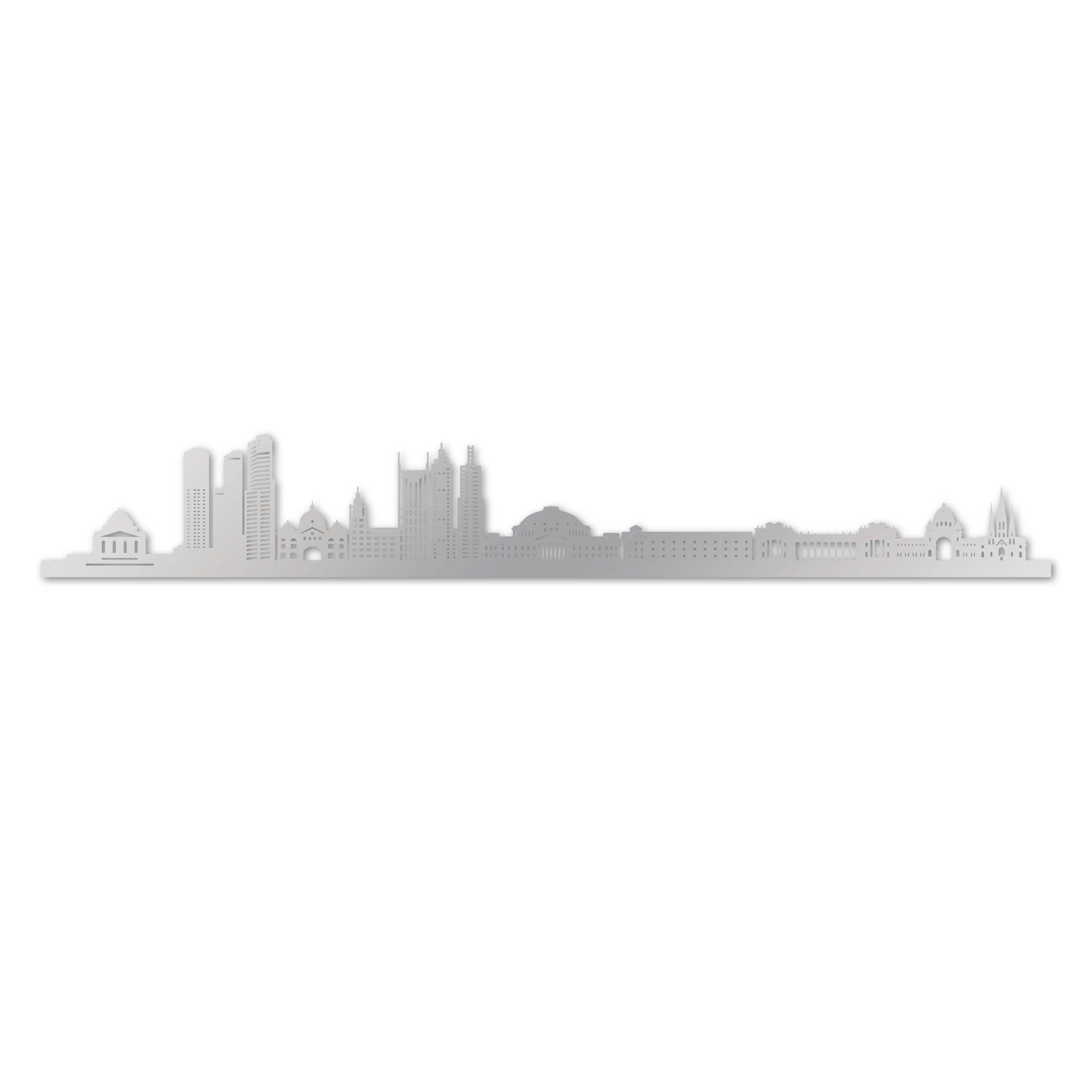 Melbourne Skyline, Laser-cut in Silver Acrylic, on a White Background