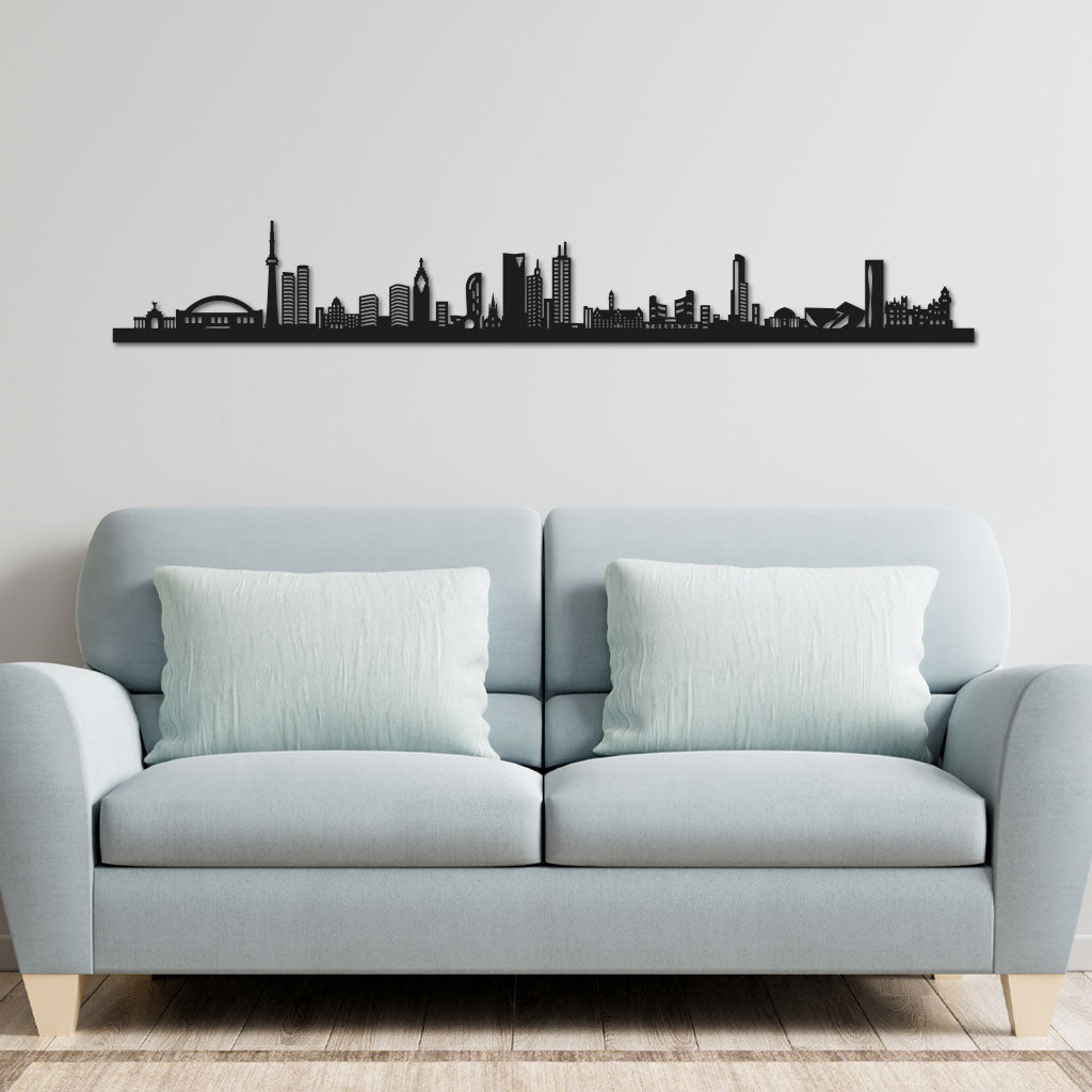 Toronto Skyline laser-cut in Matte Black reclycled acrylic on Seating Room's Wall