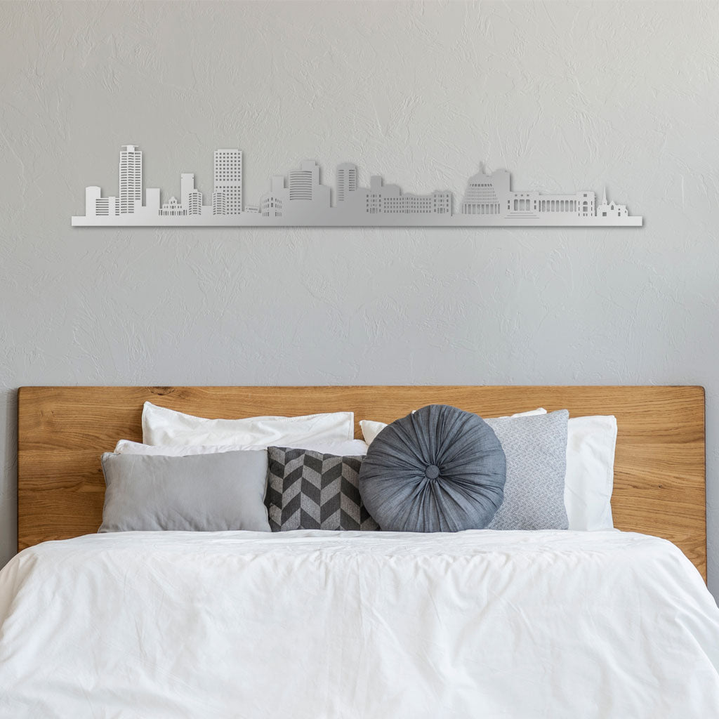 Wellington Skyline laser-cut in Silver reclycled acrylic on Seating Room's Wall