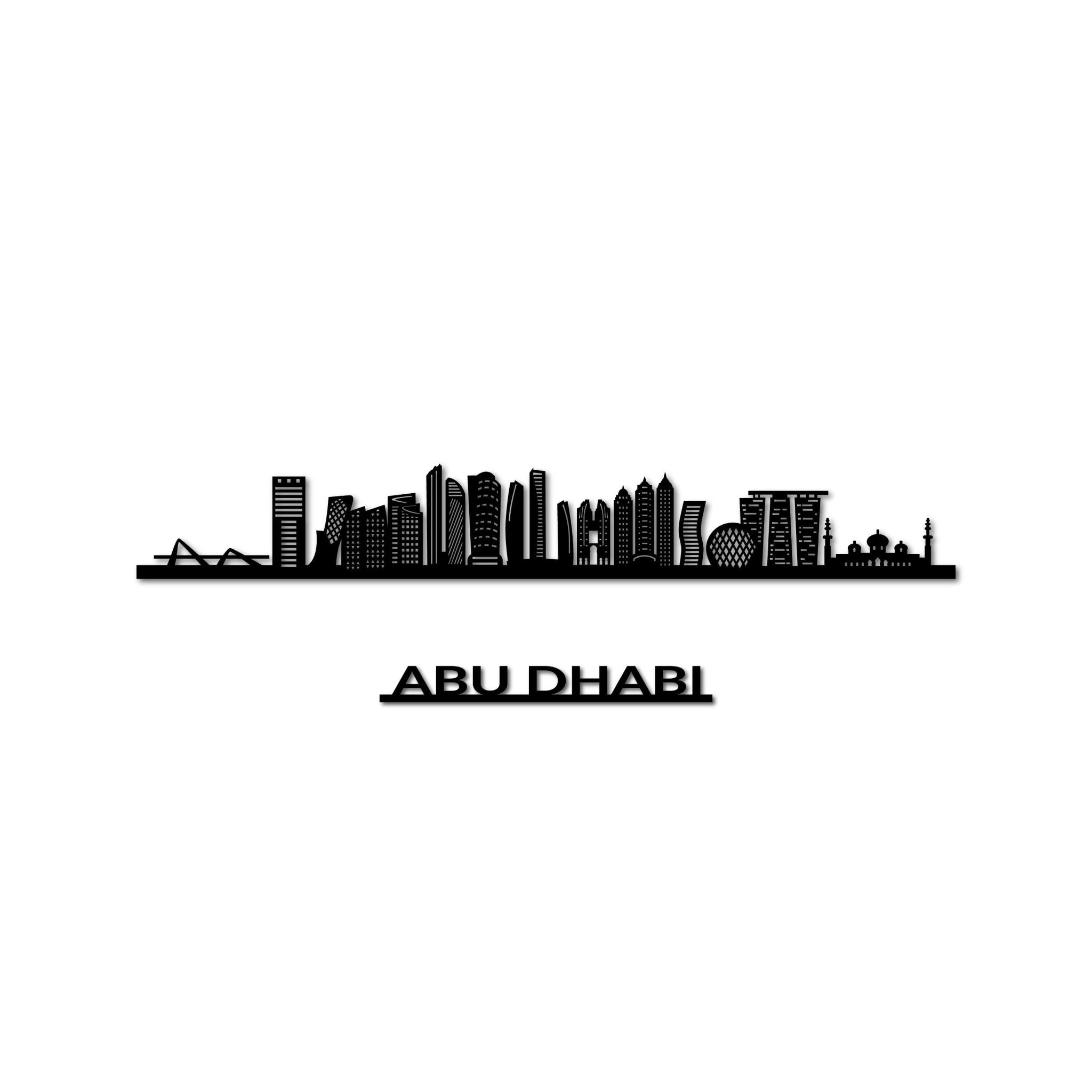 Abu Dhabi skyline, laser-cut in matte black recycled acrylic, with the city's name lettering below it, on a white background