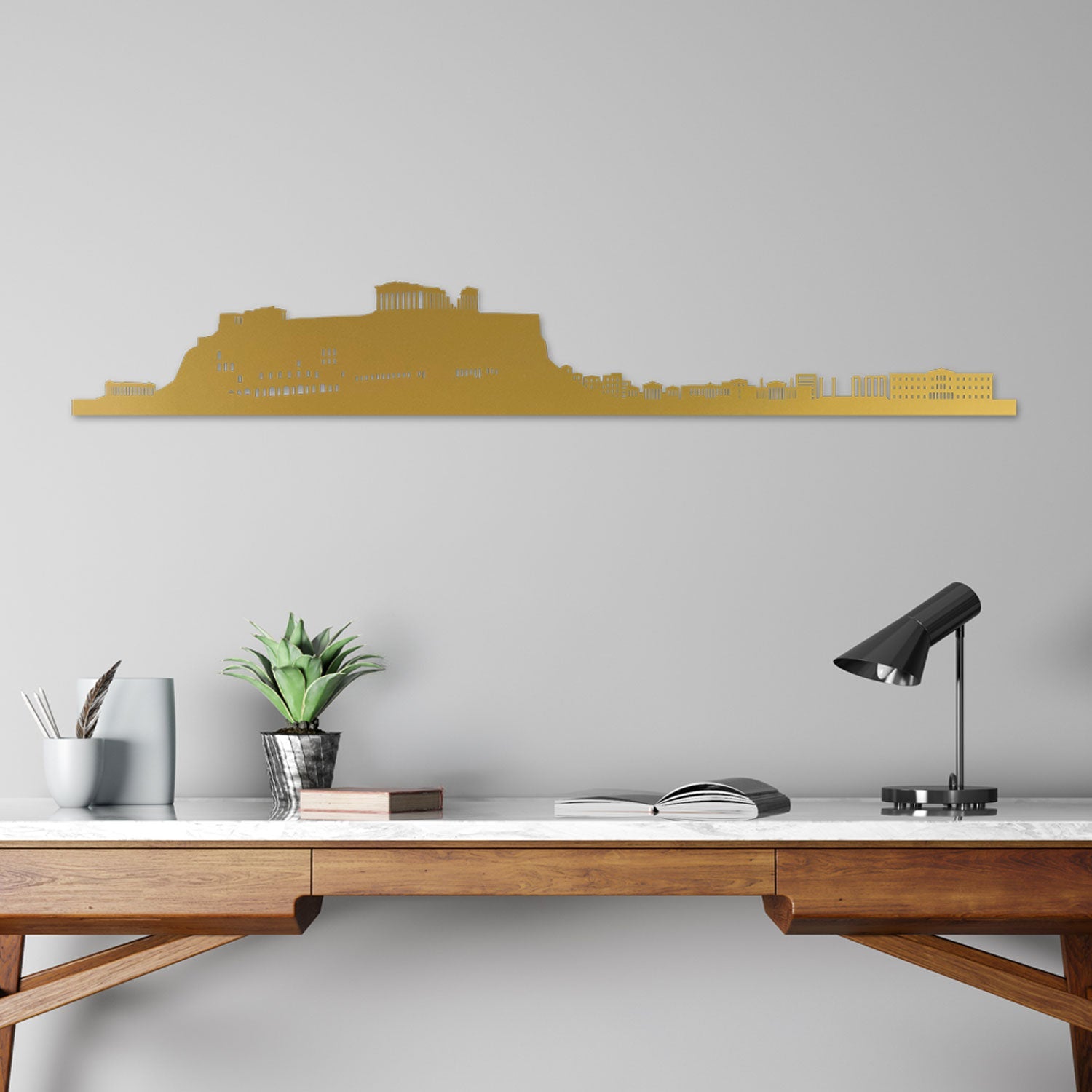 Athens Skyline laser-cut in Gold reclycled acrylic on Seating Room's Wall