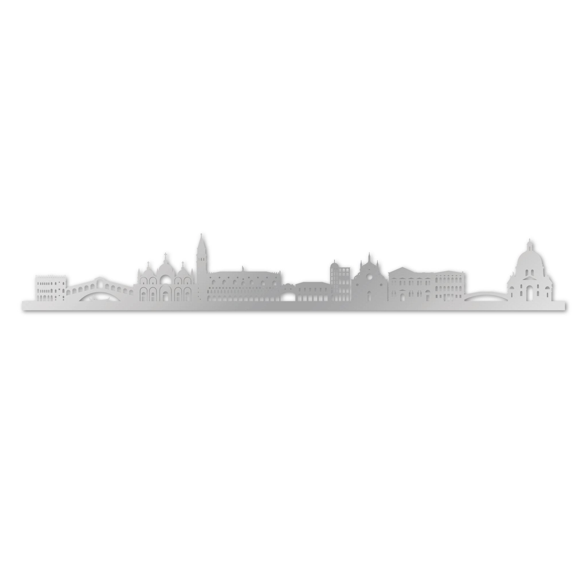 Venice Skyline, Laser-cut in Silver Acrylic, on a White Background