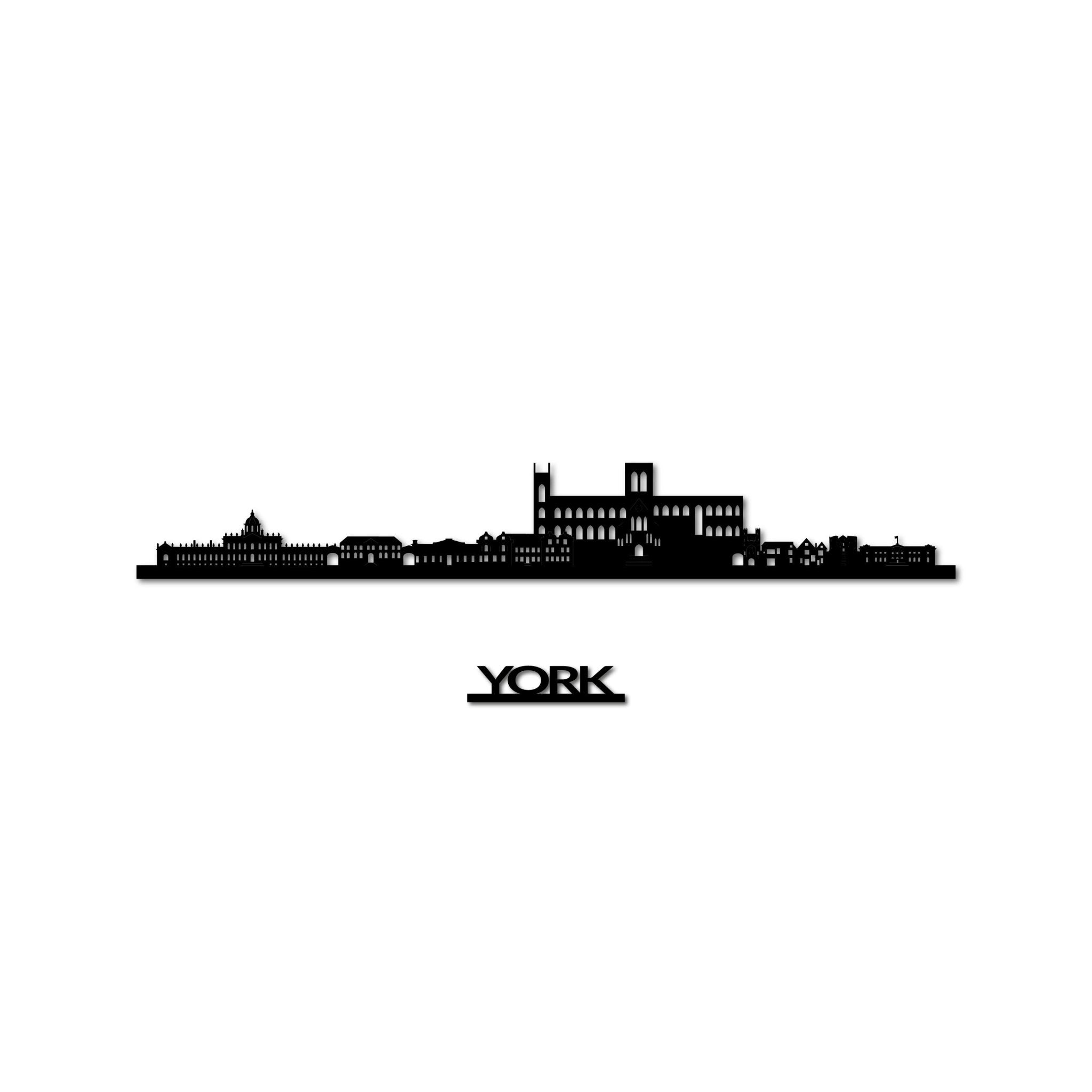York Skyline, Laser-cut in Matte Black Acrylic, with the City's Name Lettering Bellow, on a White Background