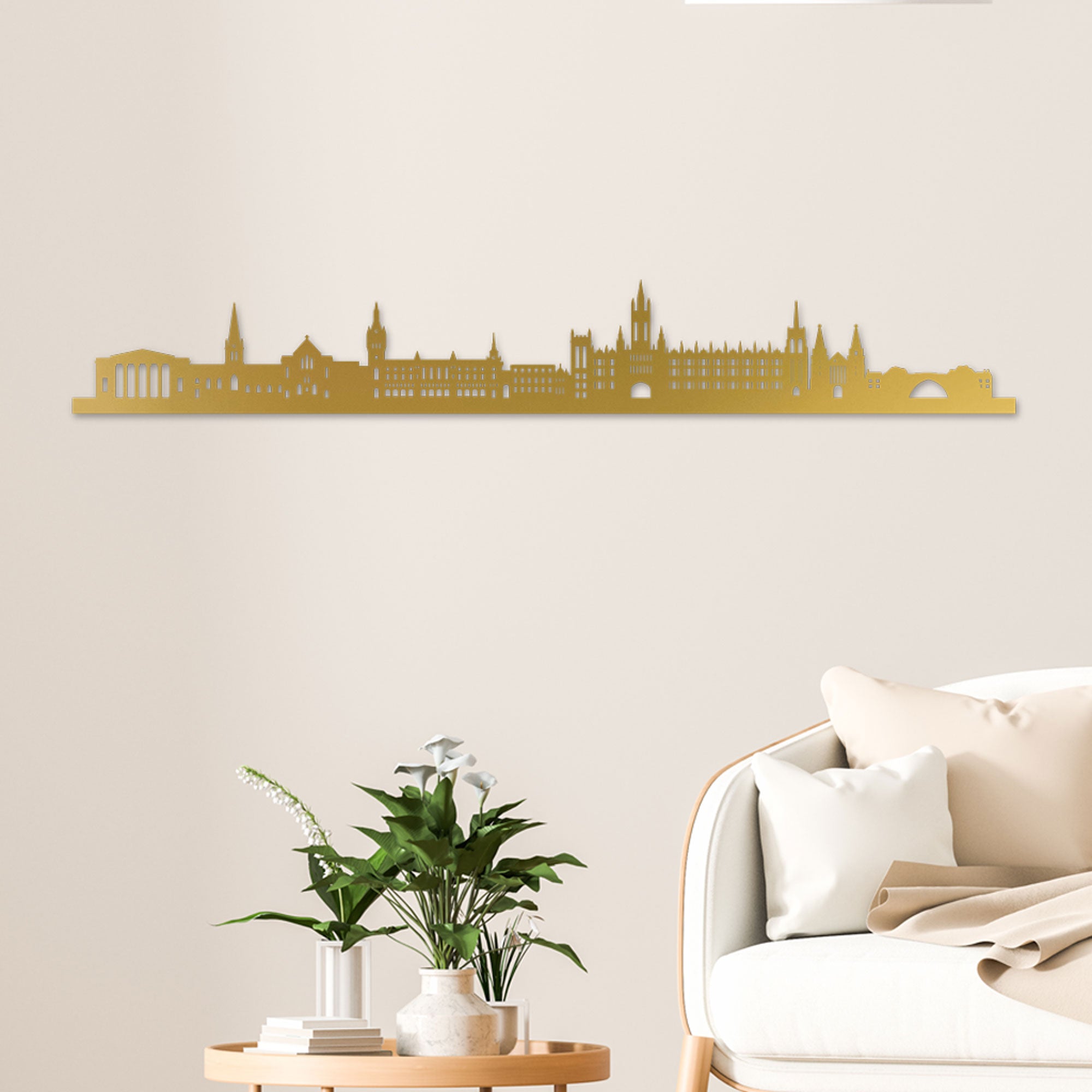 Aberdeen Skyline laser-cut in Gold reclycled acrylic on Seating Room's Wall