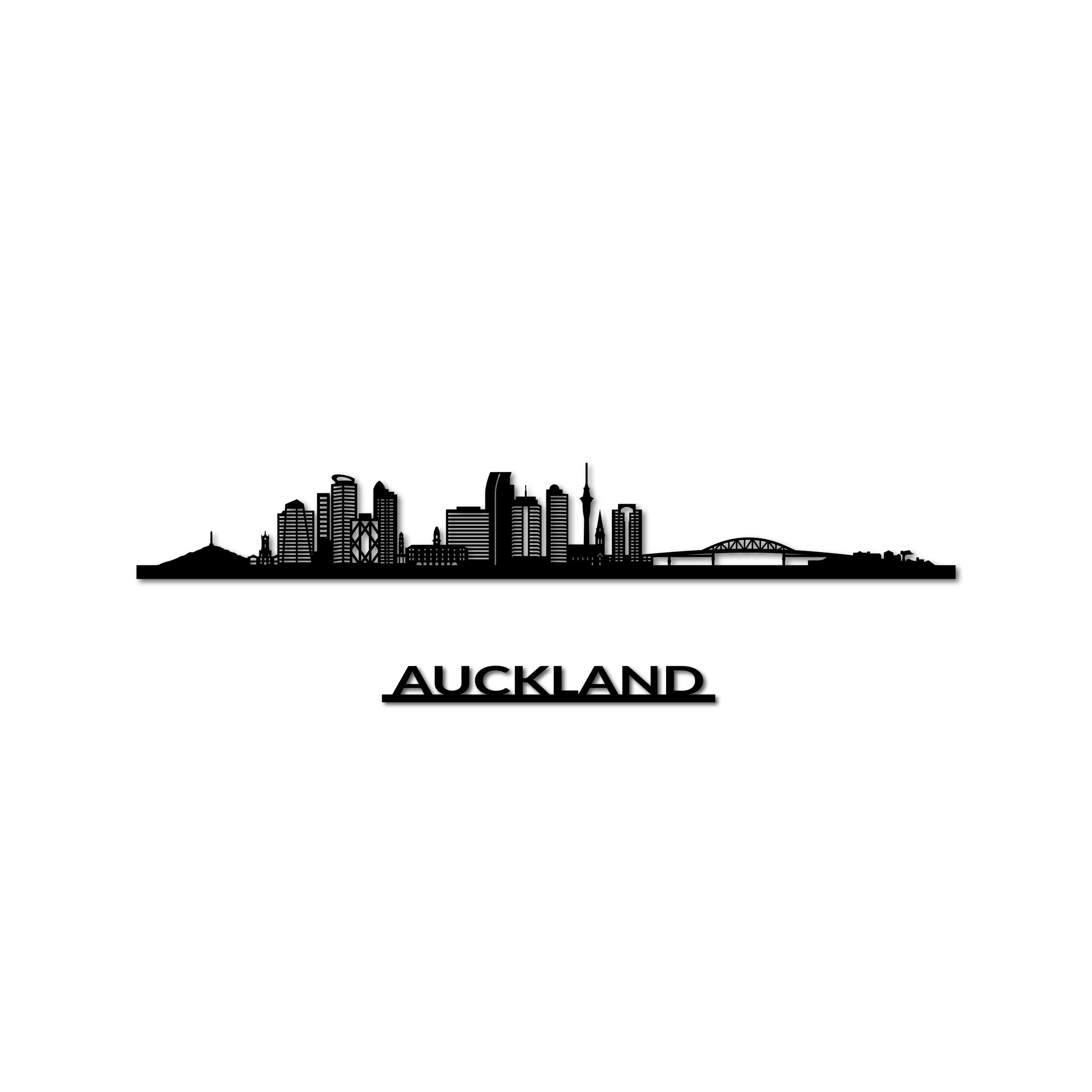 Auckland Skyline, Laser-cut in Matte Black Acrylic, with the City's Name Lettering Bellow, on a White Background