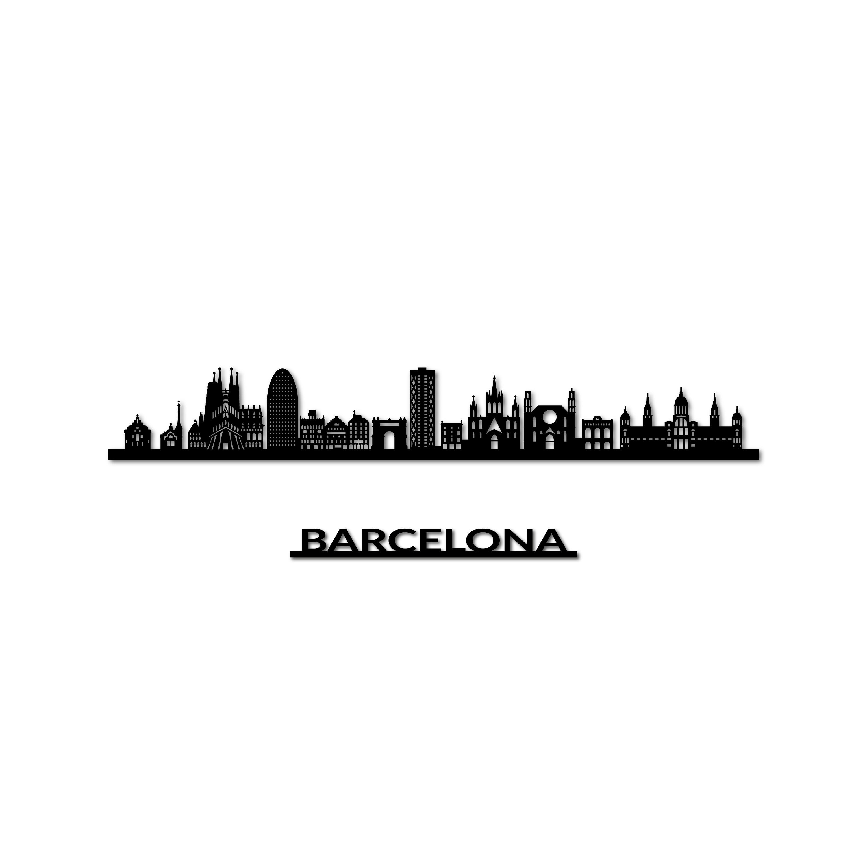 Barcelona Skyline, Laser-cut in Matte Black Acrylic, with the City's Name Lettering Bellow, on a White Background