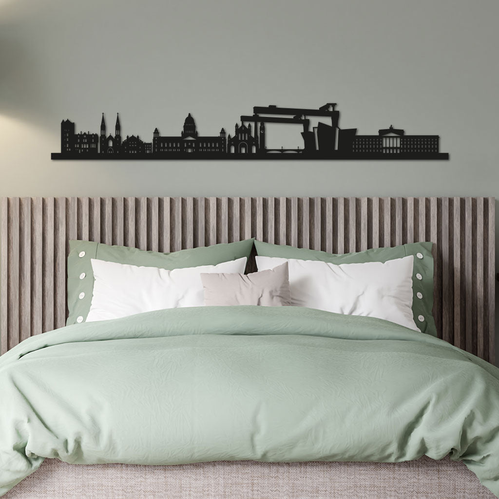 Belfast Skyline laser-cut in Matte Black reclycled acrylic on Seating Room's Wall
