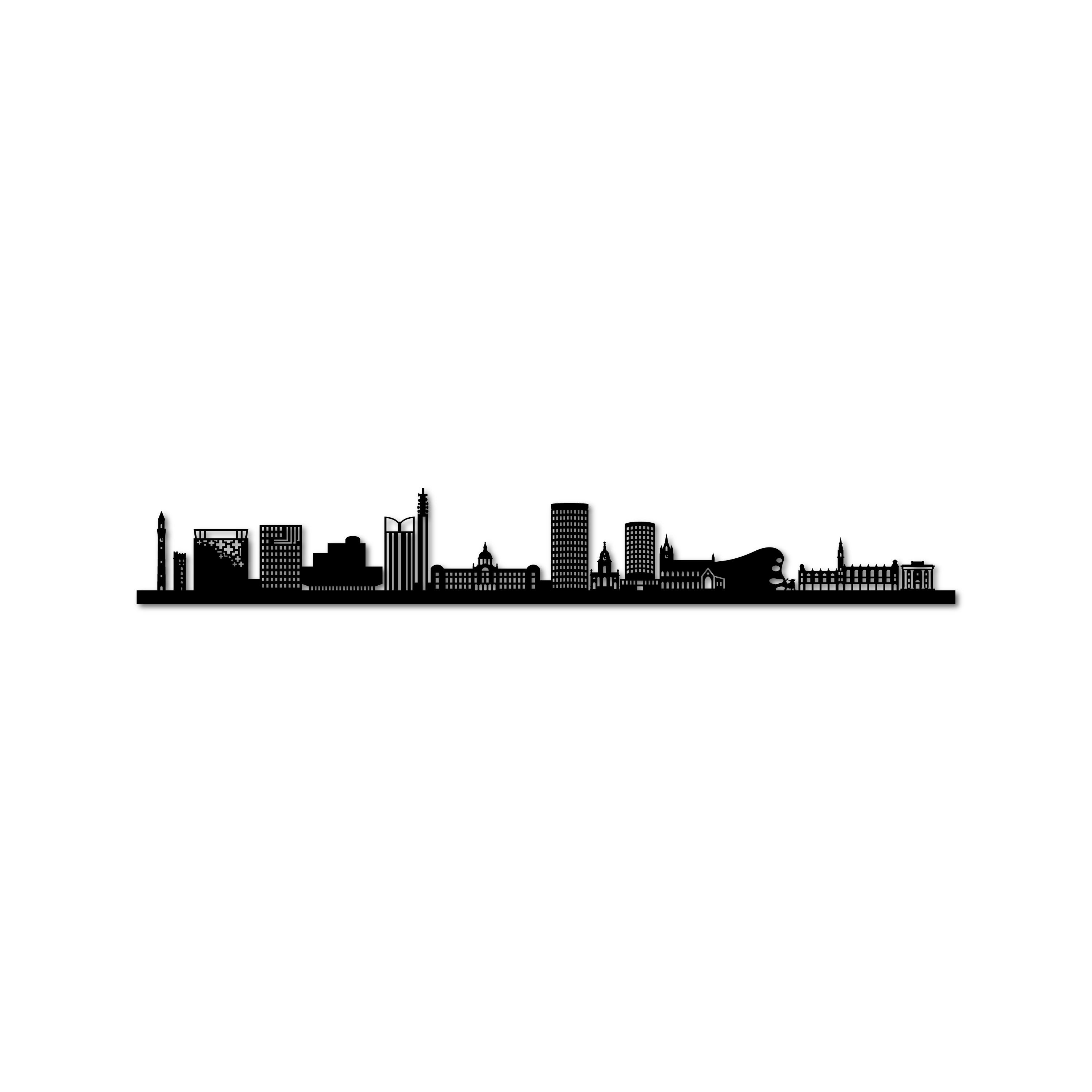 Birmingham Skyline, Laser-cut in Matte Black Acrylic, on a White Background