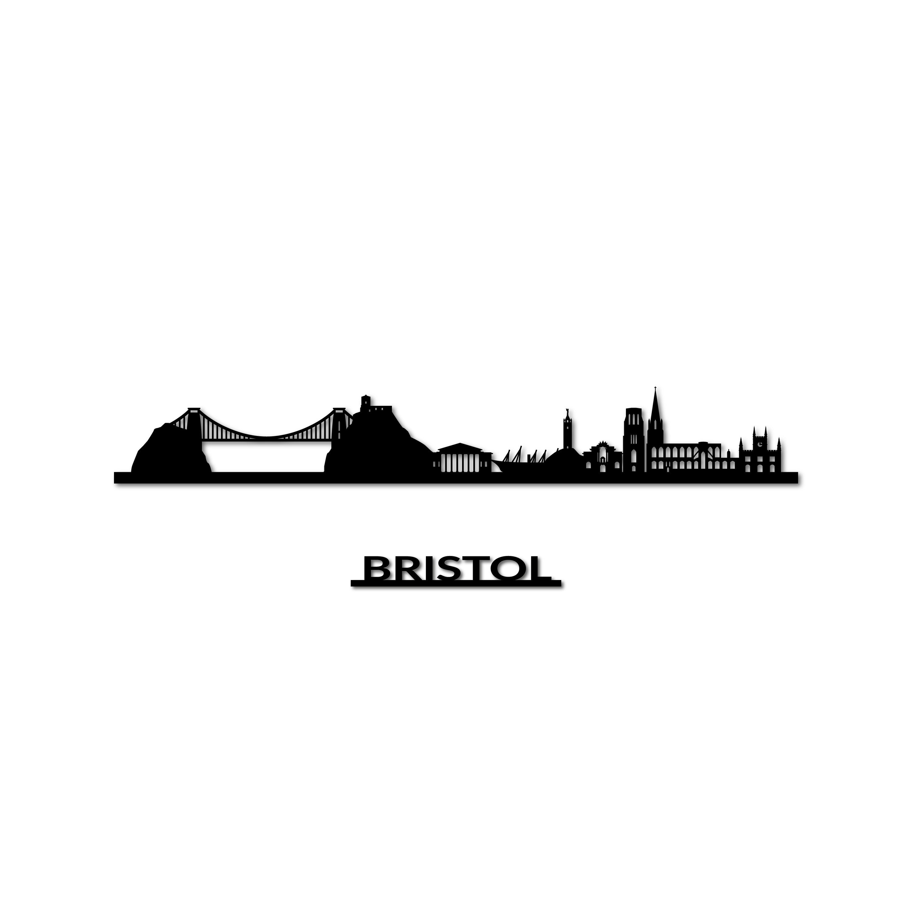Bristol Skyline, Laser-cut in Matte Black Acrylic, with the City's Name Lettering Bellow, on a White Background