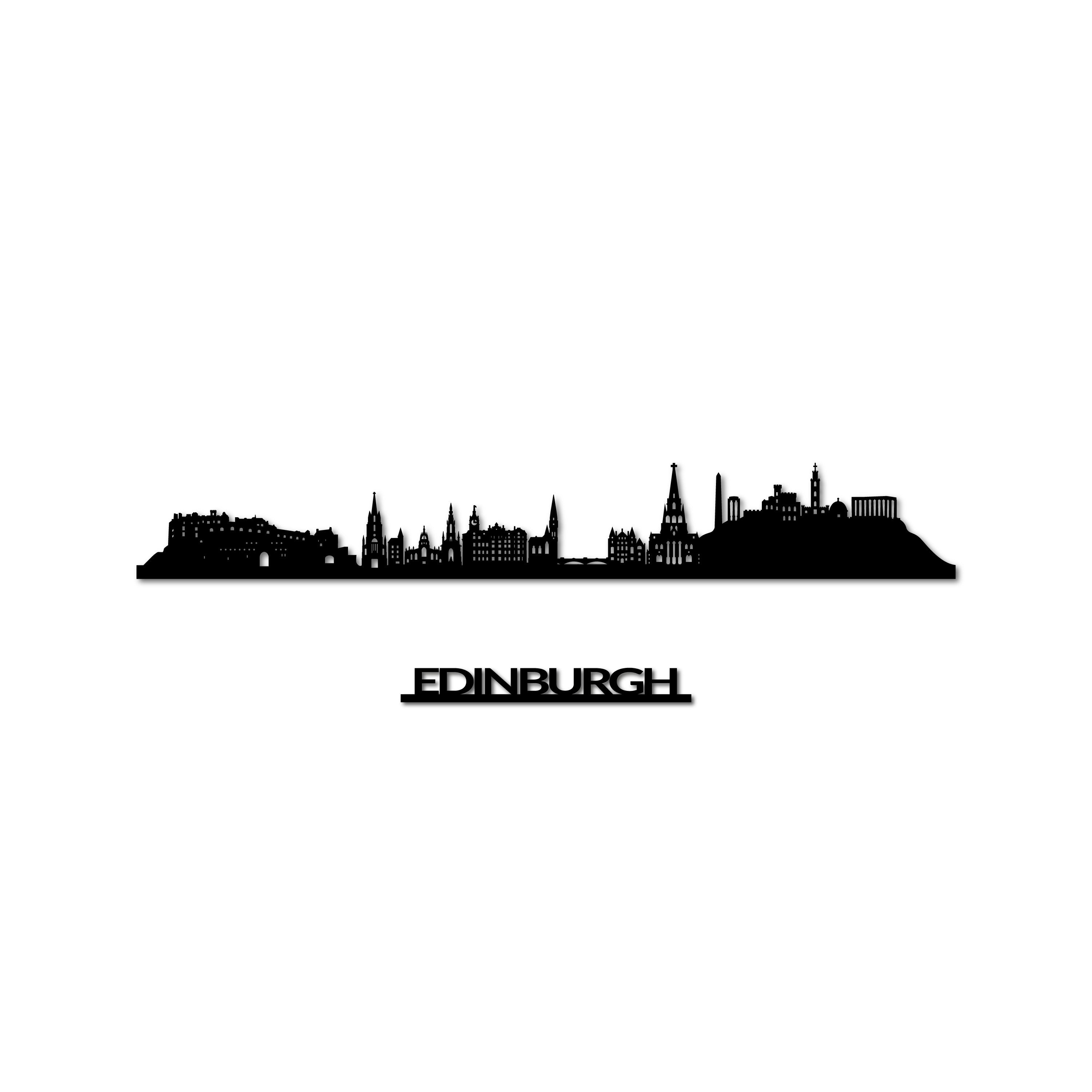 Edinburgh Skyline, Laser-cut in Matte Black Acrylic, with the City's Name Lettering Bellow, on a White Background