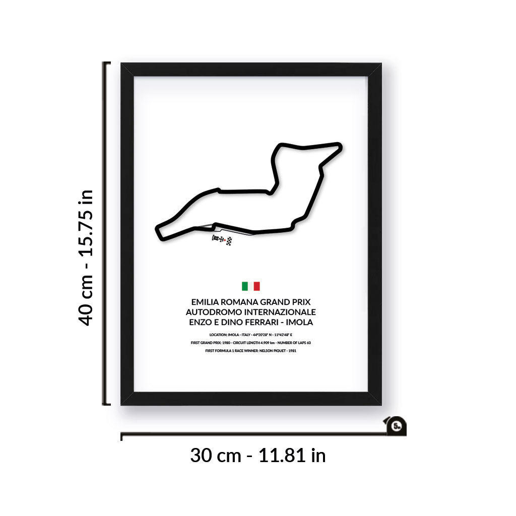 Imola Grand Prix wall art by Siluet light theme print with black frame on a white wall background with measurement details