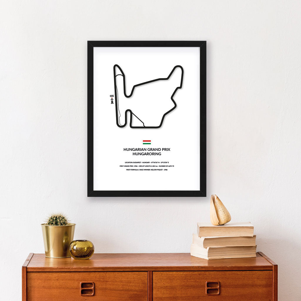Hungarian Grand Prix wall art by Siluet on a white wall above a wooden sideboard