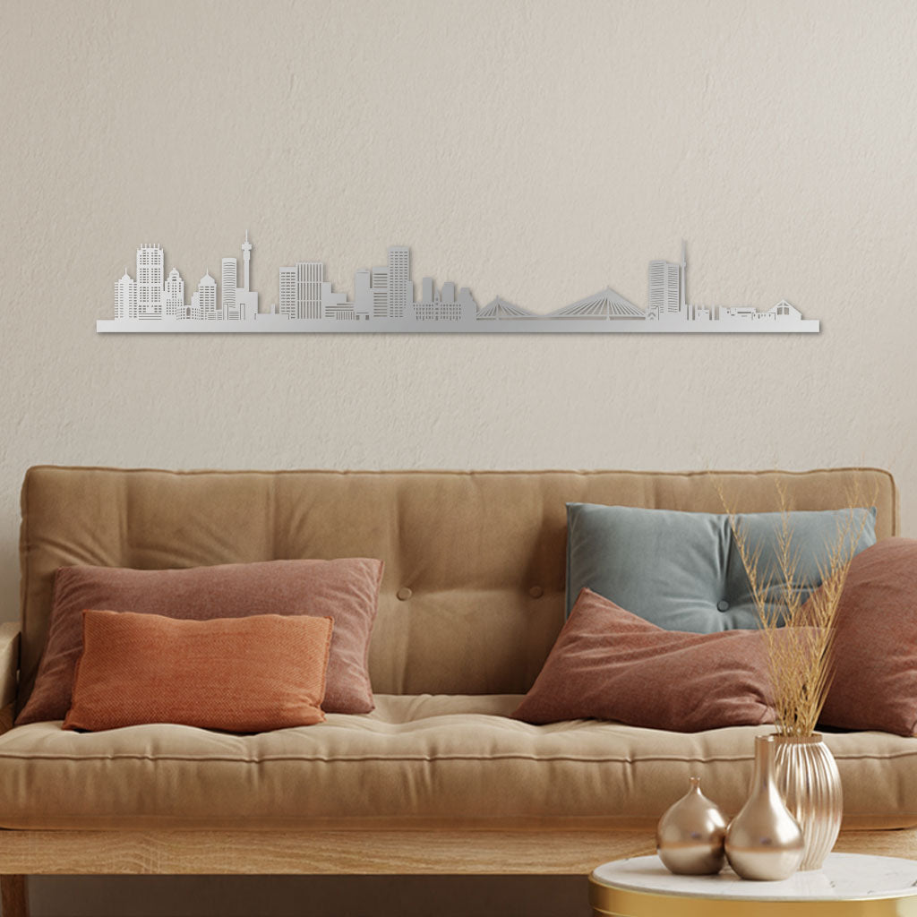 Johannesburg Skyline laser-cut in Silver reclycled acrylic on Seating Room's Wall