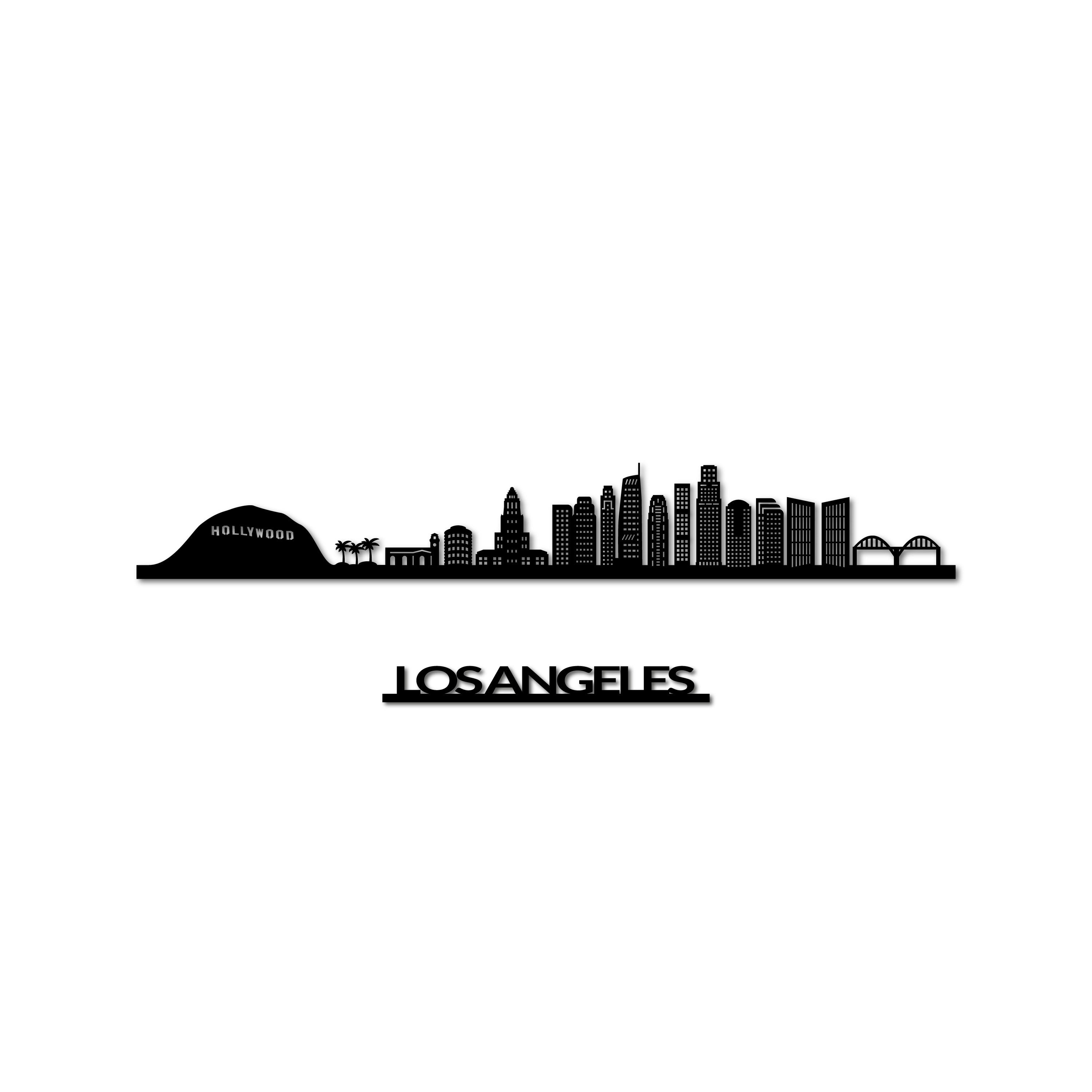 Los Angeles Skyline, Laser-cut in Matte Black Acrylic, with the City's Name Lettering Bellow, on a White Background