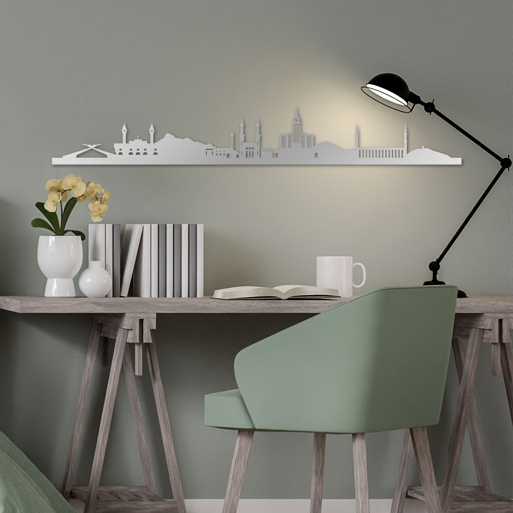 Mecca Skyline laser-cut in Silver reclycled acrylic on Seating Room's Wall