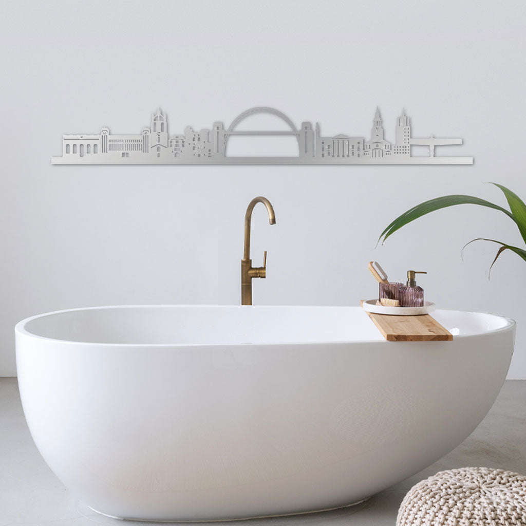 Newcastle Skyline laser-cut in Silver reclycled acrylic on Seating Room's Wall