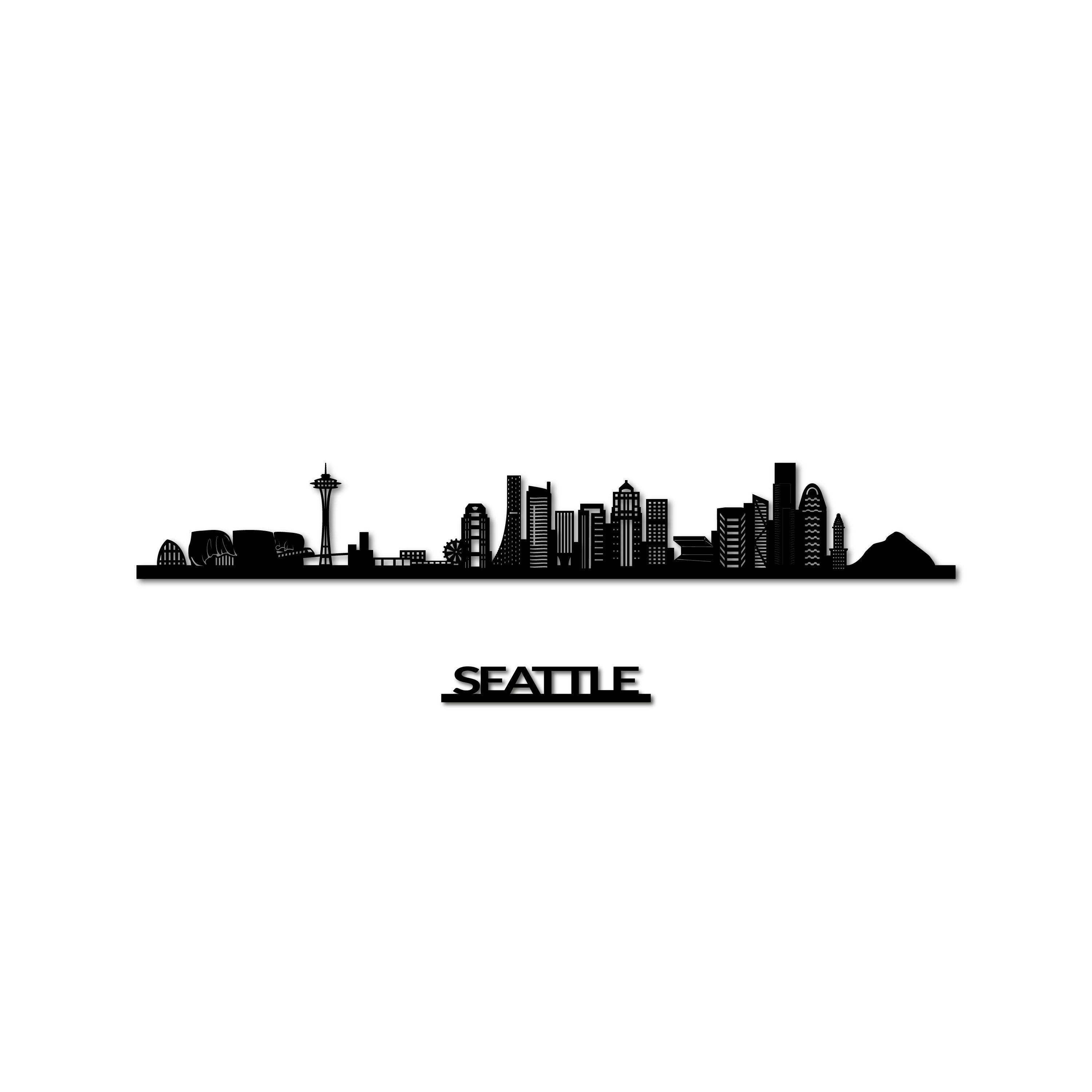 Seattle Skyline, Laser-cut in Matte Black Acrylic, with the City's Name Lettering Bellow, on a White Background