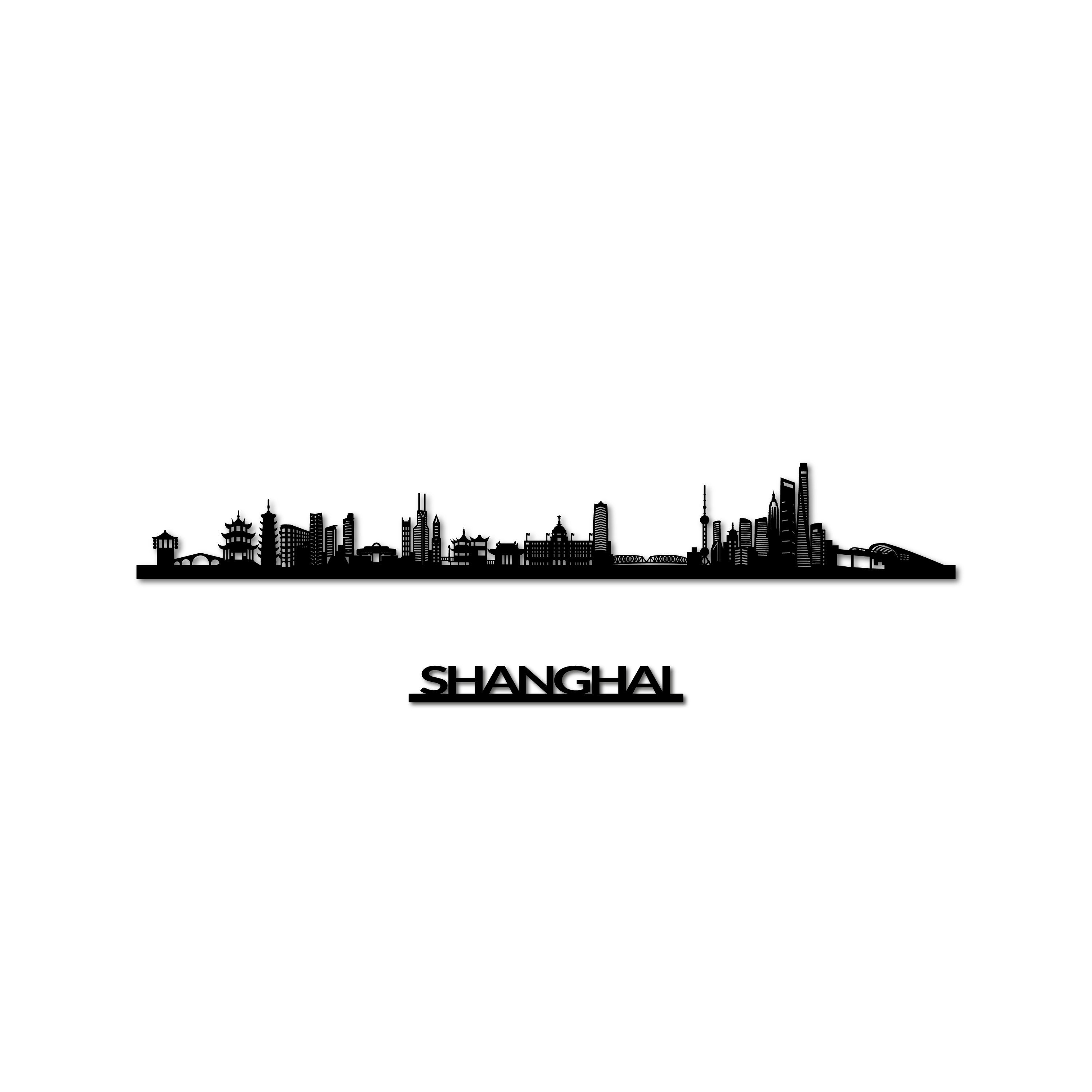 Shanghai Skyline, Laser-cut in Matte Black Acrylic, with the City's Name Lettering Bellow, on a White Background