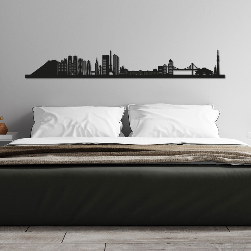 Tokyo Skyline laser-cut in Matte Black reclycled acrylic on Seating Room's Wall
