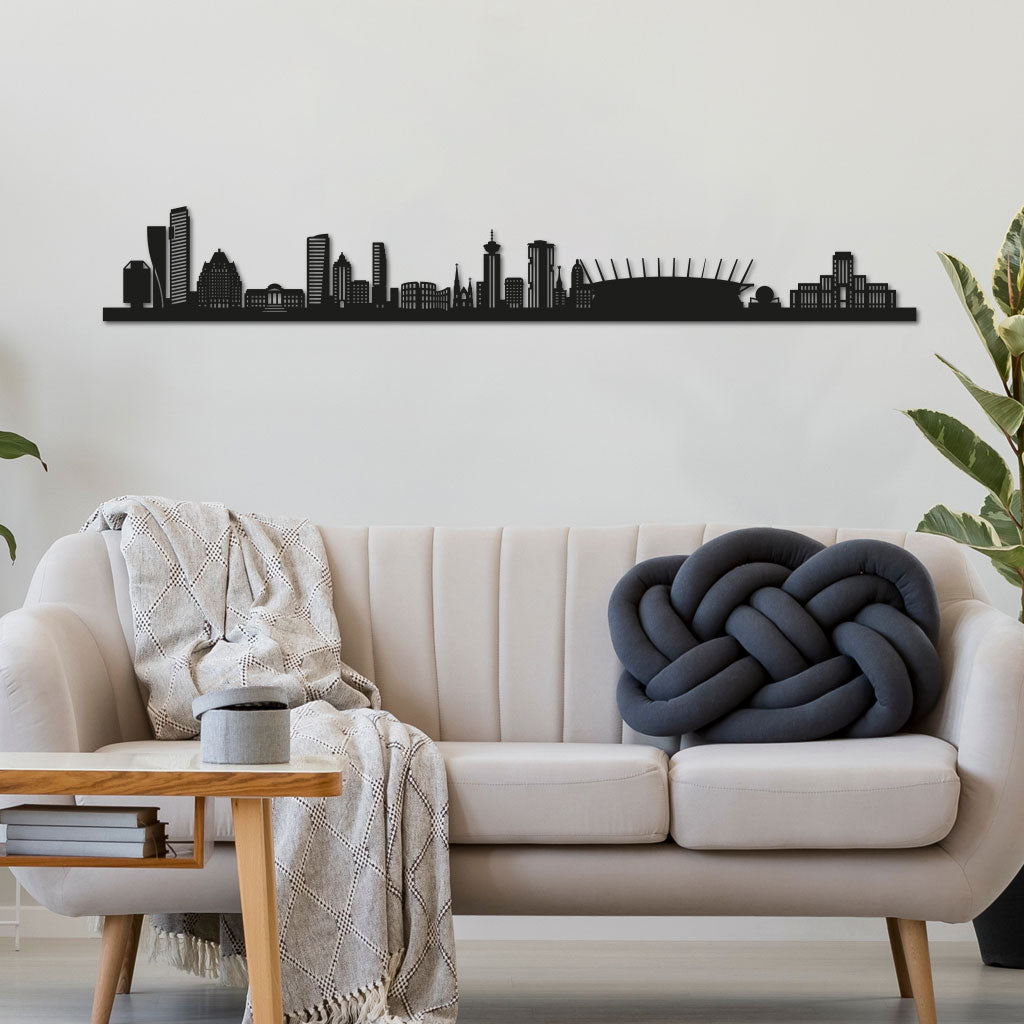 Vancouver Skyline laser-cut in Matte Black reclycled acrylic on Seating Room's Wall