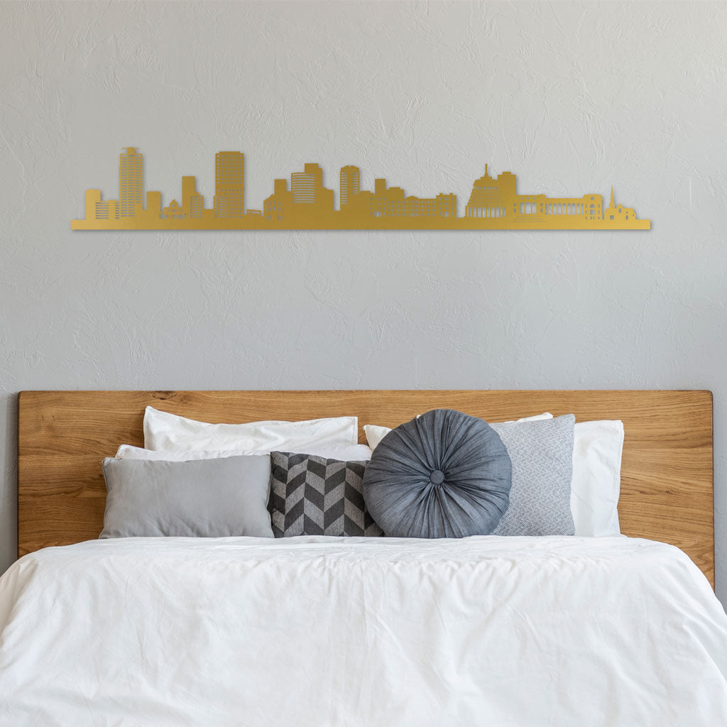 Wellington Skyline laser-cut in Gold reclycled acrylic on Seating Room's Wall