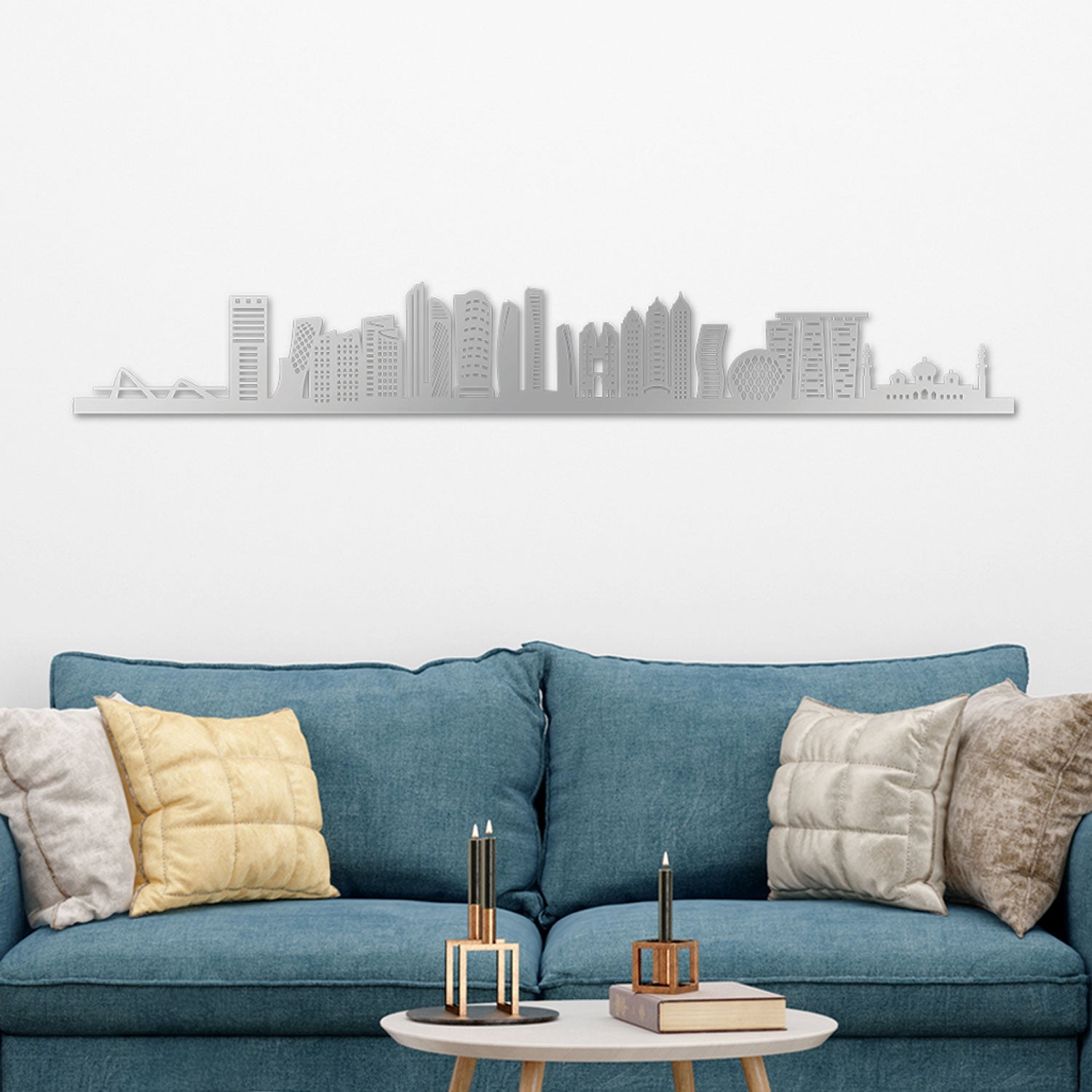 Abu Dhabi Skyline laser-cut in Silver reclycled acrylic on Seating Room's Wall