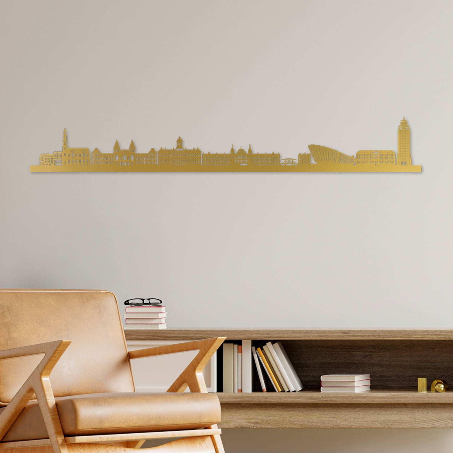 Amsterdam Skyline laser-cut in Gold reclycled acrylic on Seating Room's Wall